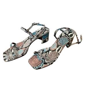 AMARO Brazil Blue Pink Snakeskin Strappy Block Heel Sandals Size 8